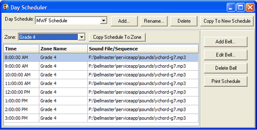 day scheduler. An example of the Day Scheduler window is shown below: The example schedule uses the Standard Bell sound sequence define in the Sound Sequences example.